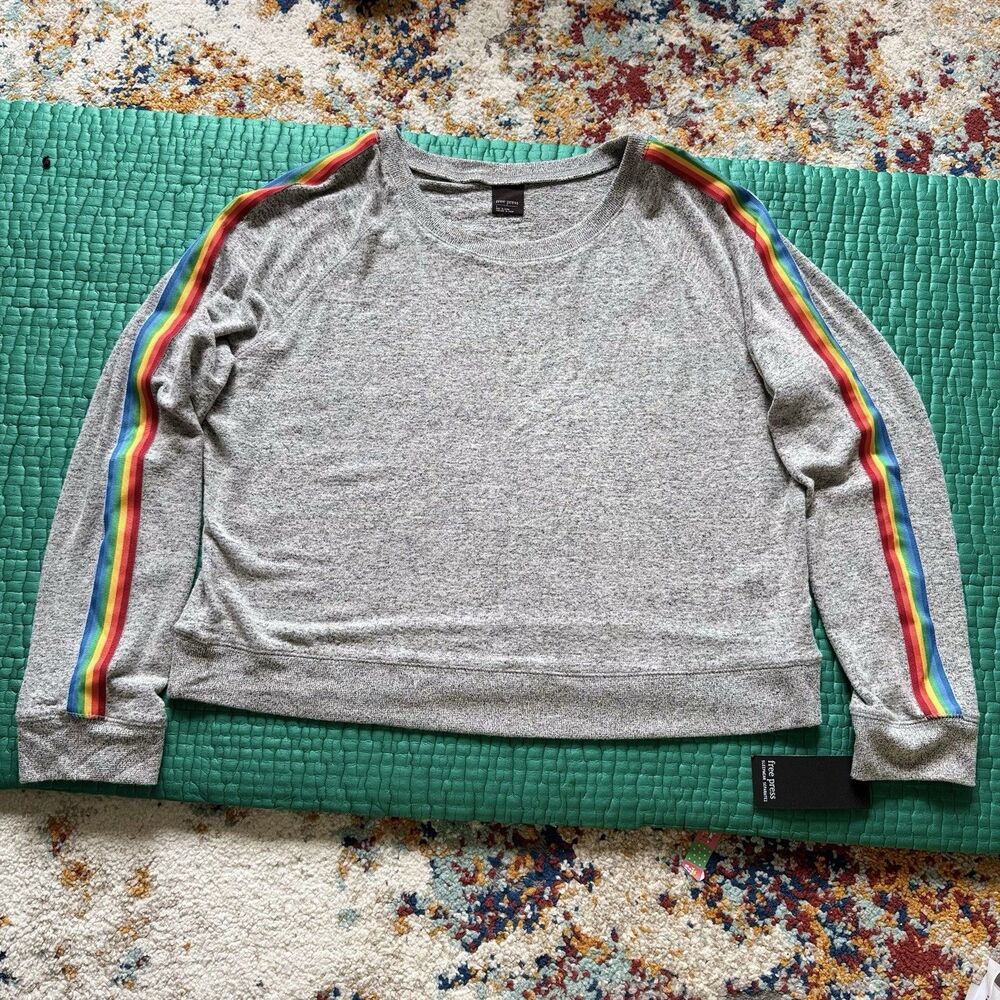 NEW Free Press Sweatshirt Womens L Gray Rainbow Accent Long Sleeve Crew Neck NWT - Picture 3 of 16